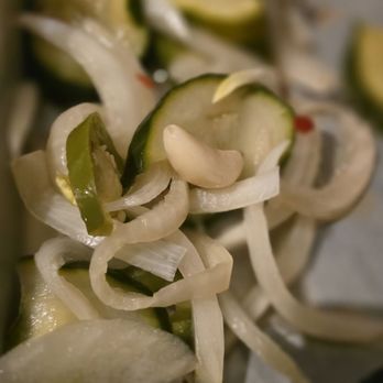SmokeWorks - Pickles side dish was more onions than pickles.  Whole garlic and jalapeño slices included. - Barbeque Near Me - Bloomington, Indiana