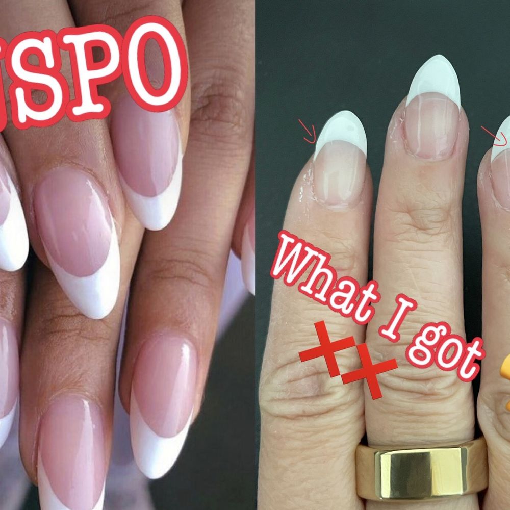 Sensation Nail Spa - To the right is what I got, versus what I wanted on the left. The acrylic is uneven and chunky as well as the French manicure part! RUN.... - Nail Salons Near Me - Rolling Hills Estates, California