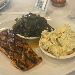 Salmon with potato salad and greens which were delicious.