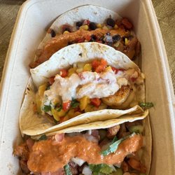Spicy chicken, shrimp and regular chicken. I picked my sauces and the staff picked my toppings from their recommendations.