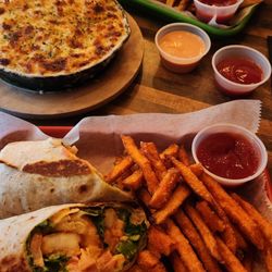 Bricks & Hops Beer Garden - Shrimp po boy wrap, mac and cheese, Bronx bully chicken sandwich