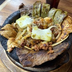 Ameca Mexican Restaurant - Molcajete (I requested zero hot sauce, zero jalapeño peppers, and extra onions.)