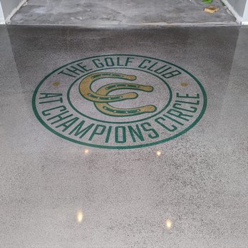 FDC Coatings - The Golf Club at Champions Circle, polished overlay, natural color with custom logo - Masonry/Concrete Near Me - Flower Mound, Texas FDC Coatings - The Golf Club at Champions Circle, polished overlay, natural color with custom logo - Masonry/Concrete Near Me - Flower Mound, Texas