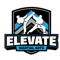 Elevate Martial Arts - The logo is a bold, shield‑style martial arts emblem featuring two white, black‑outlined fighters in traditional gis mid‑spar...
