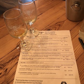 Silver Hand Meadery - Two little mead glasses and the different meads you sample - Meaderies Near Me - Williamsburg, Virginia Silver Hand Meadery - Two little mead glasses and the different meads you sample - Meaderies Near Me - Williamsburg, Virginia