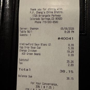 P.F. Chang's - Very reasonably priced dinner bill - Chinese Near Me - Colorado Springs, Colorado P.F. Chang's - Very reasonably priced dinner bill - Chinese Near Me - Colorado Springs, Colorado