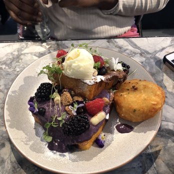 Bar Indigo - White chocolate berry french toast with a side of hash brown - Breakfast & Brunch Near Me - Double Bay, NSW