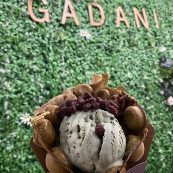Gadani - Matcha ice cream with condensed milk and red bean on a bubble waffle - Coffee & Tea Near Me - Berkeley, California Gadani - Matcha ice cream with condensed milk and red bean on a bubble waffle - Coffee & Tea Near Me - Berkeley, California