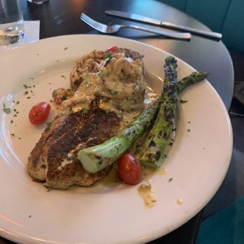 The Rim - Redfish with crawfish cream sauce, rice and grilled jumbo asparagus - American Near Me - Burleson, Texas