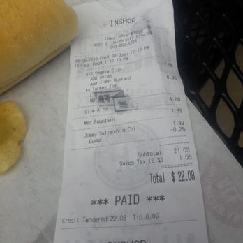 Jimmy John's - a receipt and a sandwich - Sandwiches Near Me - Highlands Ranch, Colorado Jimmy John's - a receipt and a sandwich - Sandwiches Near Me - Highlands Ranch, Colorado