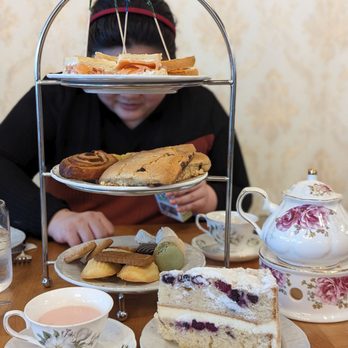 Proper Rose Garden - Tea set, lemon berry slice, various pastries, smoked salmon sandwich - Themed Cafes Near Me - Katy, Texas
