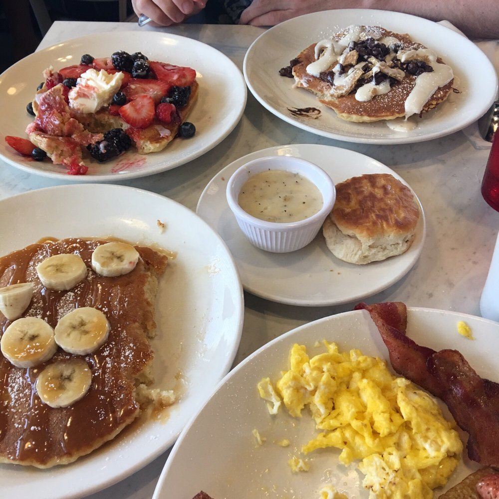 Eggsellent Cafe - Top right s'mores pancake - very good and chocolatey; left middle Very Berry Cakes ; Bottom left - Bananas Foster- caramel banana. - Breakfast & Brunch Near Me - Frisco, Texas