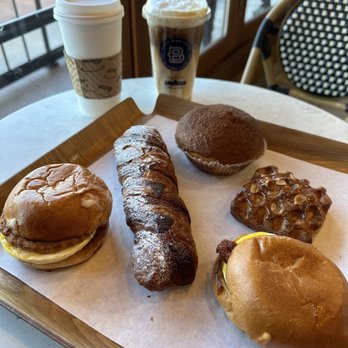 Paris Baguette - Egg, sausage and Swiss  Bacon, egg, and cheddar  Coffee Bun Caramel Almond Danish Coffee Danish - Coffee & Tea Near Me - Millbrae, California
