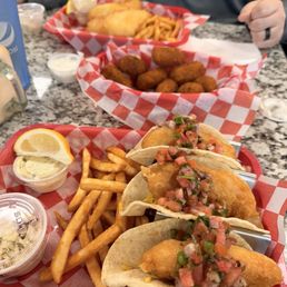 Cod fish & chips, fish tacos and Jalapeno poppers