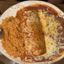 Carnitas burrito with red sauce