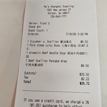 Wu' s Shanghai Dumpling - 3% charge with credit card is normal now a days. Long live cash. - Shanghainese Near Me - Edison, New Jersey Wu' s Shanghai Dumpling - 3% charge with credit card is normal now a days. Long live cash. - Shanghainese Near Me - Edison, New Jersey
