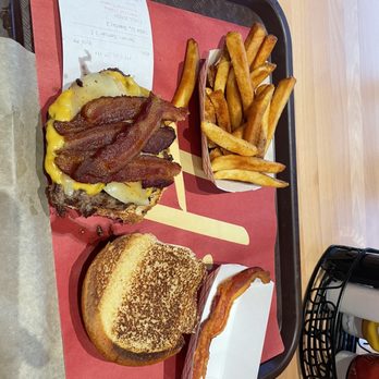 Hi-Pointe Drive-In - single cheeseburger with 2 cheeses and bacon side of fries. - Sandwiches Near Me - Cottleville, Missouri Hi-Pointe Drive-In - single cheeseburger with 2 cheeses and bacon side of fries. - Sandwiches Near Me - Cottleville, Missouri