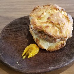 Interval - Tasty sausage biscuit with apricot mustard.