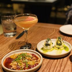 The Optimist - Nashville - Left is the Tuna Crudo and right is Deviled Eggs ( has anchovies on top)