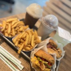 Shake Shack Old Fourth Ward - Bourbon Bacon Jam Burger & SmokeShack Burger, fries with a Root Beer Float, OREO Cookie Funnel Cake Shake and Lemonade
