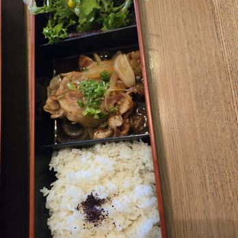 Sagami - Sagami Bento Box Part 2: Rice, Ginger Pork Saute, Salad - Sushi Bars Near Me - Irvine, California Sagami - Sagami Bento Box Part 2: Rice, Ginger Pork Saute, Salad - Sushi Bars Near Me - Irvine, California