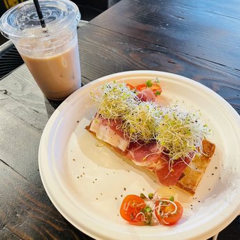 Alchemist Coffee Project - Burrata with Prosciutto and a Chai Latte (Iced) - Coffee & Tea Near Me - Los Angeles, California