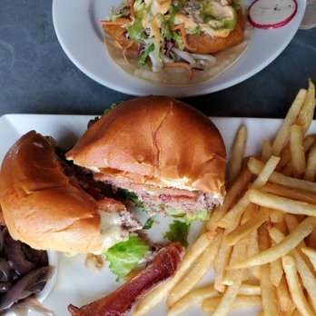 Suda - Suda burger (sauteed onions on the side) and fried fish taco. - New American Near Me - Santa Cruz, California Suda - Suda burger (sauteed onions on the side) and fried fish taco. - New American Near Me - Santa Cruz, California