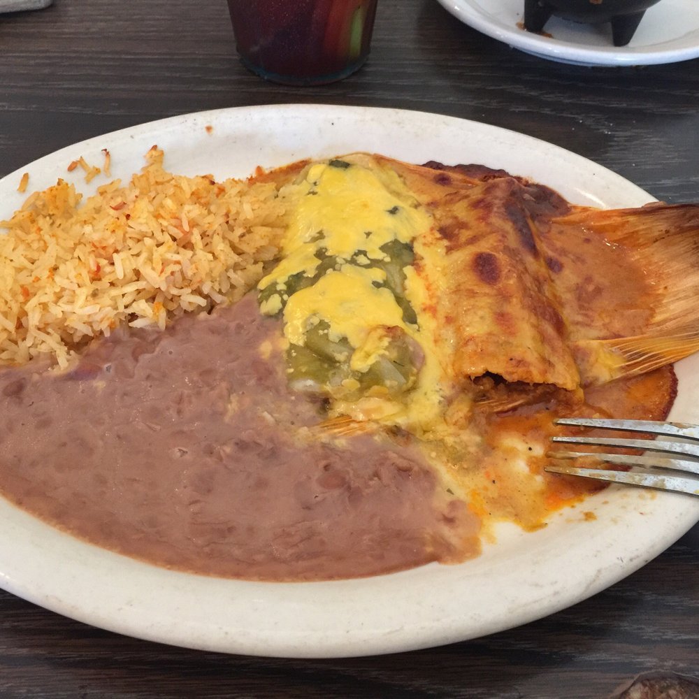 Mesquite Mexican Grill - Cheese enchilada with verde sauce and tamale... very good! - Mexican Near Me - Sealy, Texas