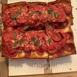 Triple pepperoni  Detroit style hot honey