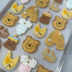 Sweet as Heaven Goodies - Classic Winnie the Pooh Cookies for twin boy and girl baby shower.
