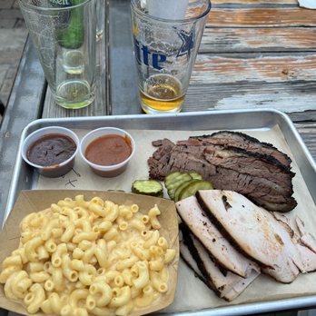 OAK'D BBQ - 2 MEAT COMBO-Brisket and Turkey with sides of Mac n cheese and (not pictured) potato wedge fries. - Barbeque Near Me - Dallas, Texas OAK'D BBQ - 2 MEAT COMBO-Brisket and Turkey with sides of Mac n cheese and (not pictured) potato wedge fries. - Barbeque Near Me - Dallas, Texas