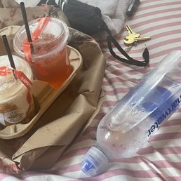 Iced Cookie Butter Latte and Strawberry Refresher and smart water bottle Iced Cookie Butter Latte and Strawberry Refresher and smart water bottle