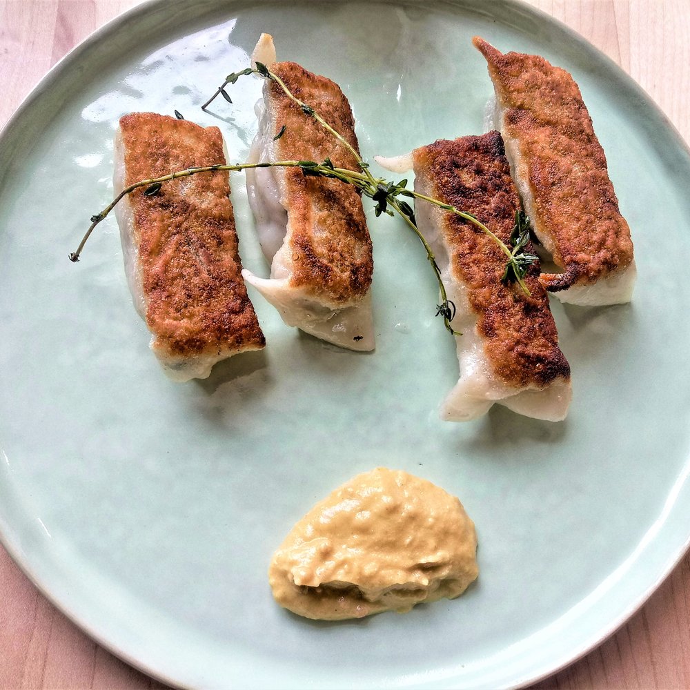 Goosefeather - Dry aged beef pot stickers with chinese hot mustard - Brunch item - Cantonese Near Me - Tarrytown, New York Goosefeather - Dry aged beef pot stickers with chinese hot mustard - Brunch item - Cantonese Near Me - Tarrytown, New York