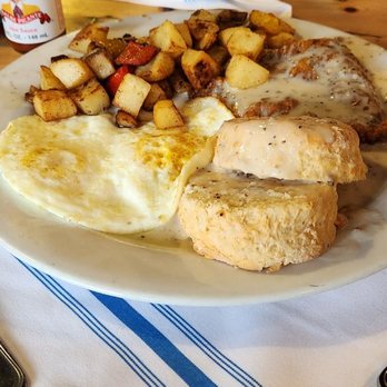 Putah Creek Cafe - Chicken fried steak, biscuits and gravy with potatoes and eggs. - Breakfast & Brunch Near Me - Winters, California