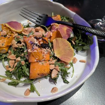 Moonstone - Grilled Butternut Squash Salad {butternut squash ribbons, marcona almonds, white beans, clementine supremes, lemon herb vinaigrette} $14 - Cocktail Bars Near Me - Kansas City, Missouri