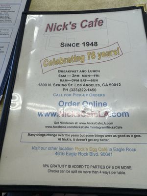 Menu photo 1 Nick's Cafe Los Angeles, CA Menu photo 1 Nick's Cafe Los Angeles, CA