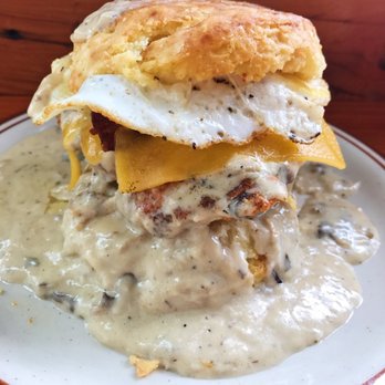 Pine State Biscuits - Reggie Deluxe with mushroom gravy. - Breakfast & Brunch Near Me - Portland, Oregon Pine State Biscuits - Reggie Deluxe with mushroom gravy. - Breakfast & Brunch Near Me - Portland, Oregon