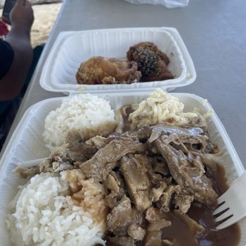 KJ's Local Grindz - Roast Pork and Gravy Plate Lunch piece furikake ckn and fried ckn - Chicken Shop Near Me - Kaneohe, Hawaii