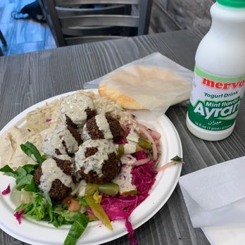 Oasis - Falafel Plate and mint AYRAN yogurt drink - Middle Eastern Near Me - Brooklyn, New York