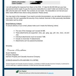 USAA message showing repeated attempts to contact for clarification without any response.