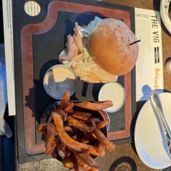 The Vig Arcadia - Gluten free roasted turkey sandwich with sweet potato fries - American Near Me - Phoenix, Arizona