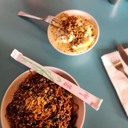 Sesame noodles and biscuits and gravy both vegan