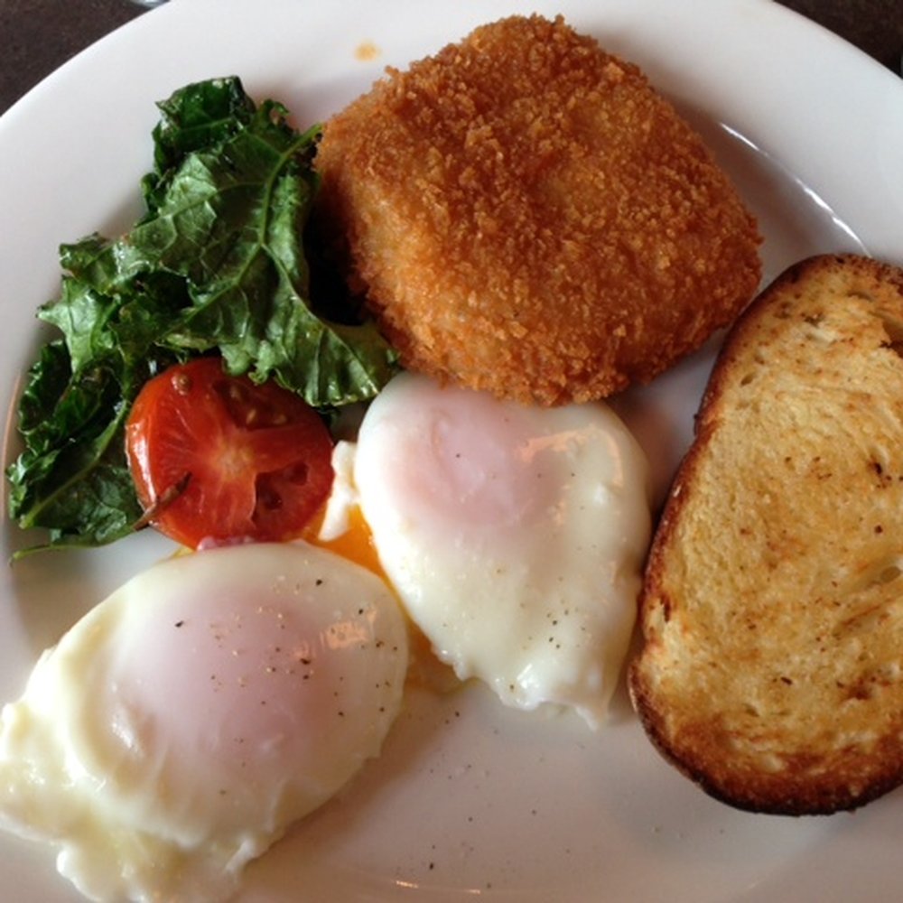 Chaise Cafe & Lounge - poached eggs with potato croquette, kale, tomatoes and homemade bread - Lounges Near Me - Winnipeg, Manitoba