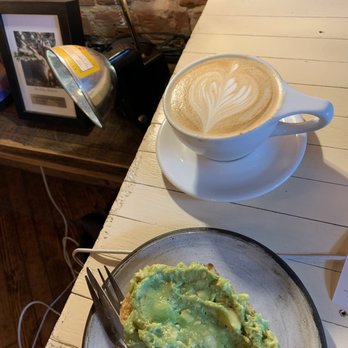 West Oak Coffee Bar - Avocado smash sourdough toast and latte - Coffee & Tea Near Me - Denton, Texas