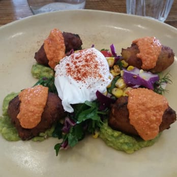 Red Door Corner Store - Corn, zucchini and quinoa fritters with poached egg and corn salsa - Restaurants Near Me - Northcote, VIC