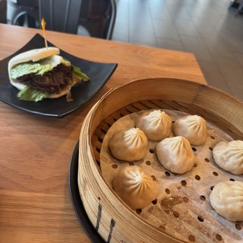 Dough Zone Dumpling House - Midtown - Pork & Shrimp Boiled Dumplings (6)  猪肉三鲜水饺 Spicy Beef Sandwich (1) 大嘴牛肉包 (辣) - Noodles Near Me - Houston, Texas