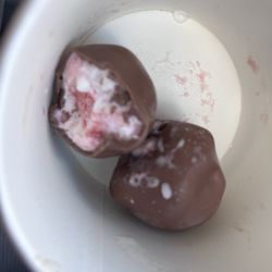 Strawberry cheesecake, ice cream, smothered, in silky Belgium chocolate