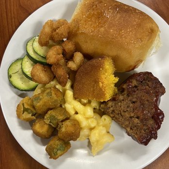 Golden Corral Buffet & Grill - 12/29/23 - My Plate: Honey Butter Roll, Cornbread, Meatloaf, Mac & Cheese, Fried Okra, Fried Shrimp & Grilled Zucchini - Buffets Near Me - Pomona, California Golden Corral Buffet & Grill - 12/29/23 - My Plate: Honey Butter Roll, Cornbread, Meatloaf, Mac & Cheese, Fried Okra, Fried Shrimp & Grilled Zucchini - Buffets Near Me - Pomona, California