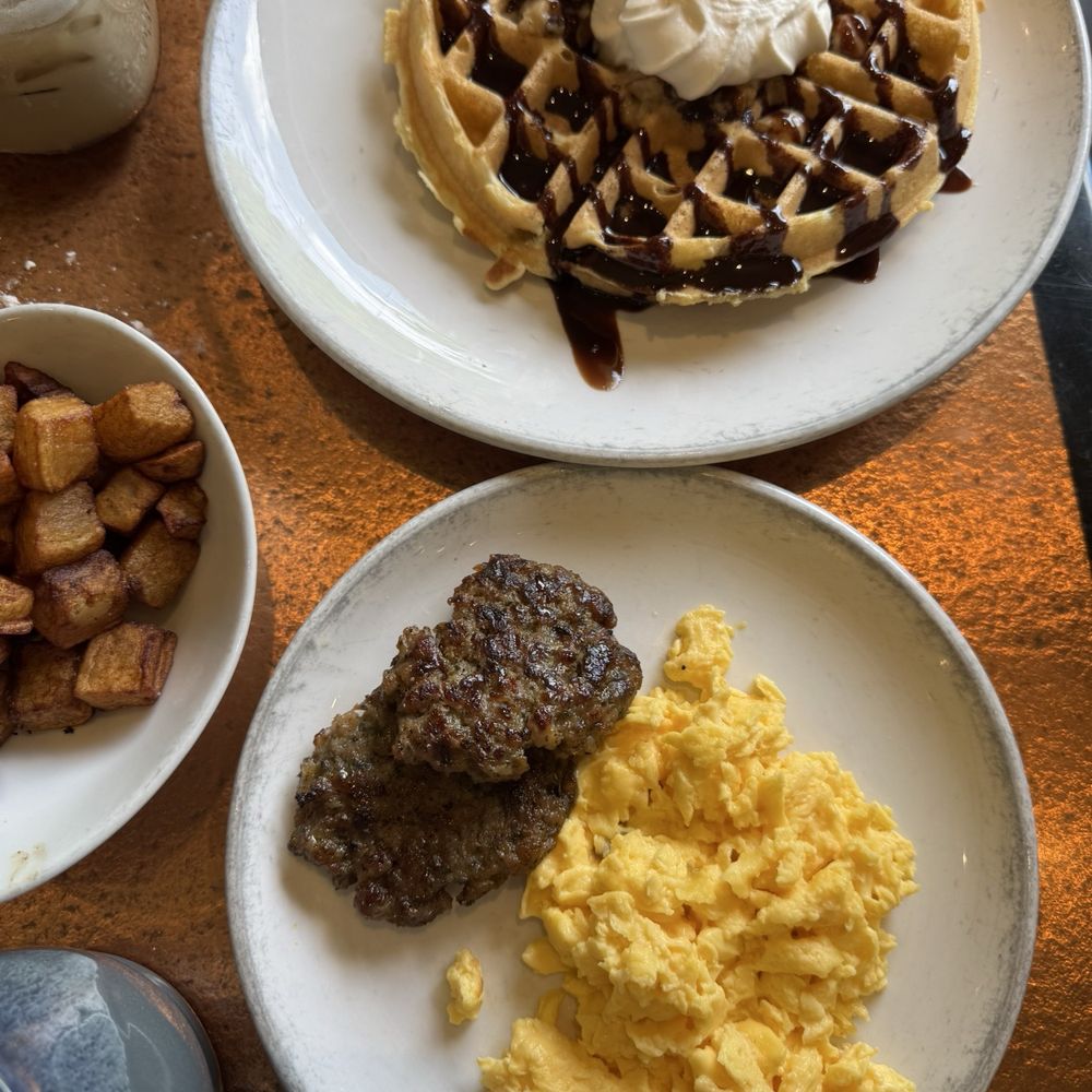 Cookie dough waffle, Chicken Sausage, scrambled eggs Cookie dough waffle, Chicken Sausage, scrambled eggs