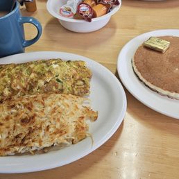 Chicken pesto Omelet with hash browns and a pancake Chicken pesto Omelet with hash browns and a pancake
